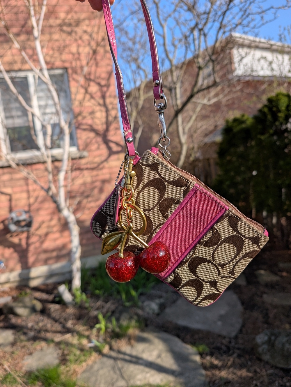 Coach Signature Canvas Wristlet - Brown with Pink Trim